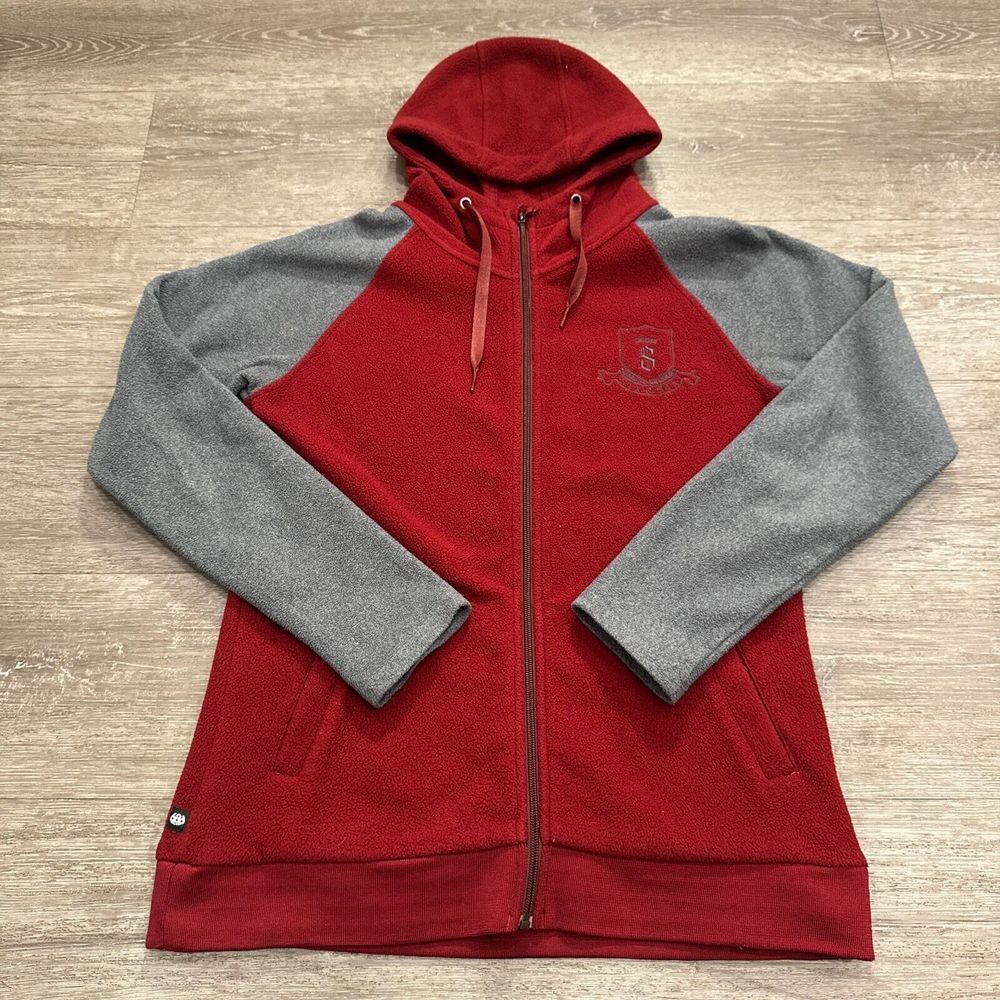 686 Airflight‎ Hoodie Women M Red Gray Fleece Full Zip Raglan Snowboard Jacket